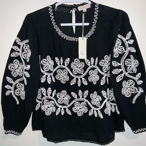 JENNIFER & GRACE 100% COTTON BLACK WHITE EMBROIDERED BALLOON SLEEVE TOP 1X NWT